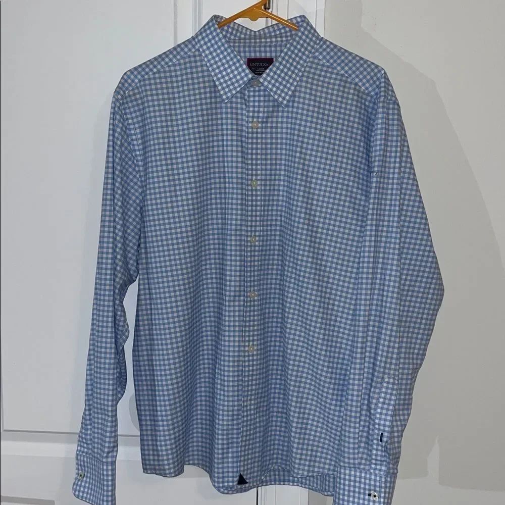 UNTUCKit LS Check Gingham Blue Plaid Reg Fit Dress Shirt 100% Cotton-Carneros